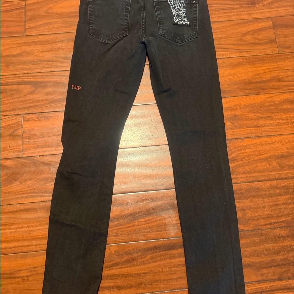 Ksubi Black Slim Straight Jeans with Red Cross-Stitch and White Pocket Graphic - Picture 8 of 12